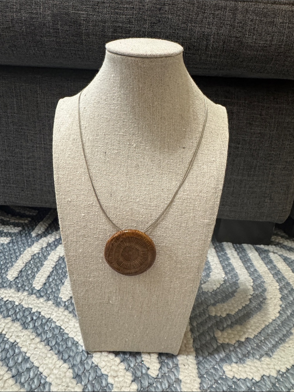 Boho Carved Wood Sunburst Pendant Necklace Silver Tone 18 Inch